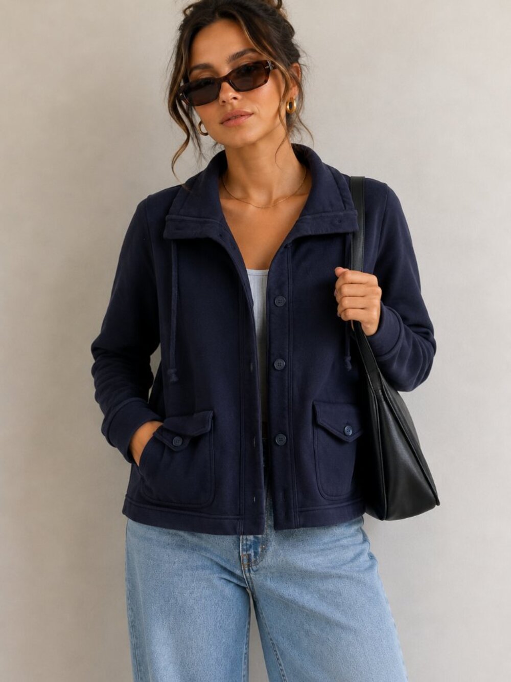 Lands' End Navy Button Front Jacket Women's S Small 4-6 Cotton Utility Jacket